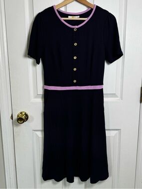 Boden Navy Pink Trim Dress Size US 8 Midi Preppy Mod Button Front Pockets